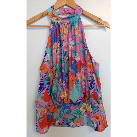 Boston Proper Shirt Womens Small Pink Tropical Floral Mock Neck Halter Top - Picture 1 of 7